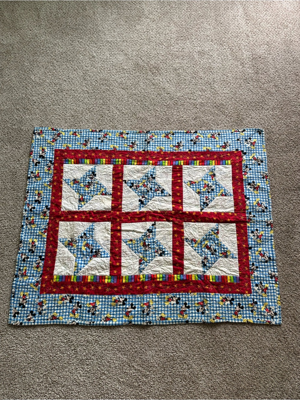 Vtg Handmade Mickey Mouse baby quilt By Great Aunt Mama
